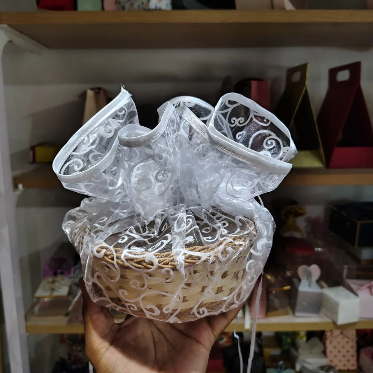 Organza Topi Bag With Pattern | Drawstring Closure | Available in 6 colours | Pack of 25 - Image 3