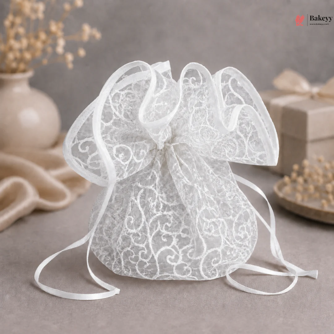 Organza Topi Bag With Pattern | Drawstring Closure | Available in 6 colours | Pack of 25 - Image 4