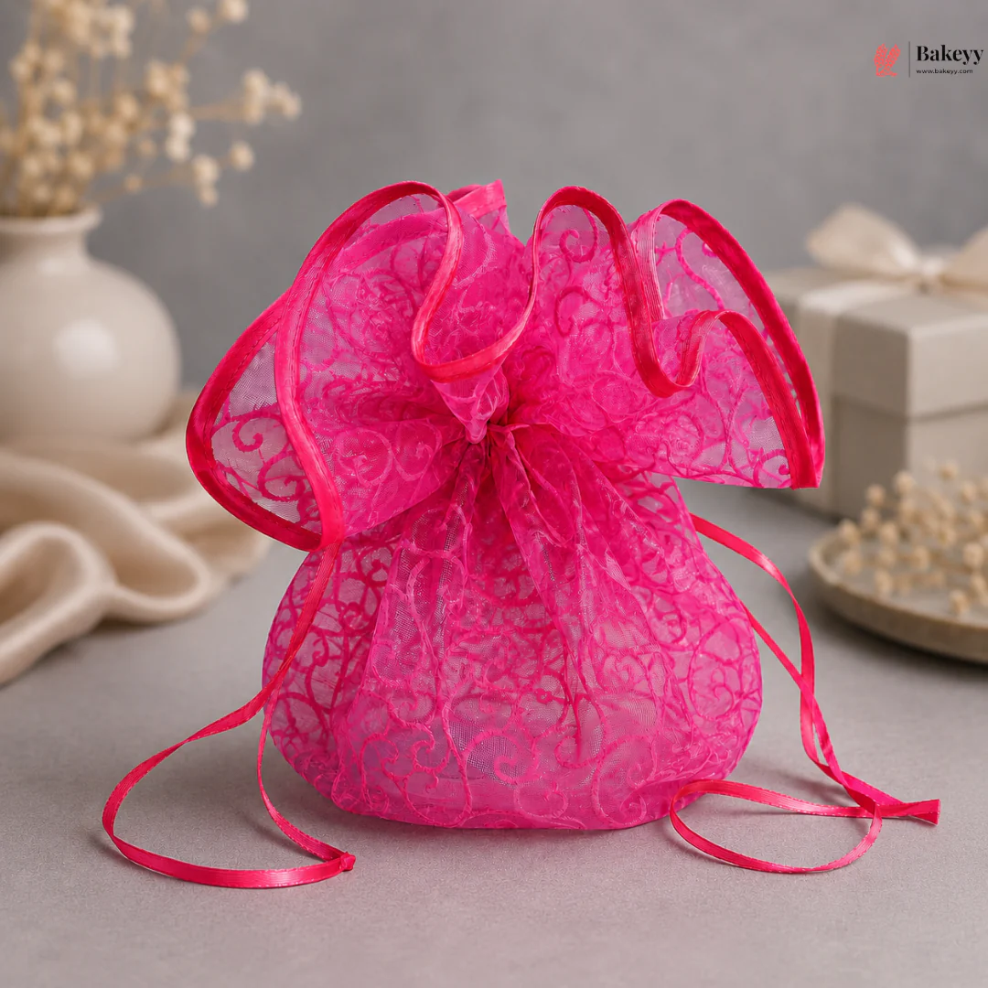 Organza Topi Bag With Pattern | Drawstring Closure | Available in 6 colours | Pack of 25 - Image 6