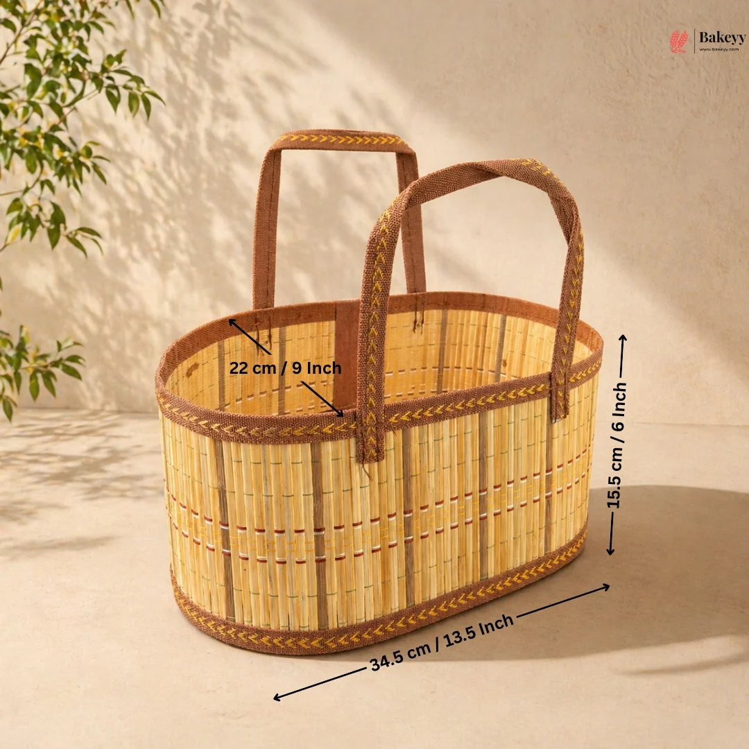 Oval Wooden Gift Basket | Brown & Beige Color | Woven Basket with Rigid Handle | 3 Sizes Available | Pack of 1 - Image 3