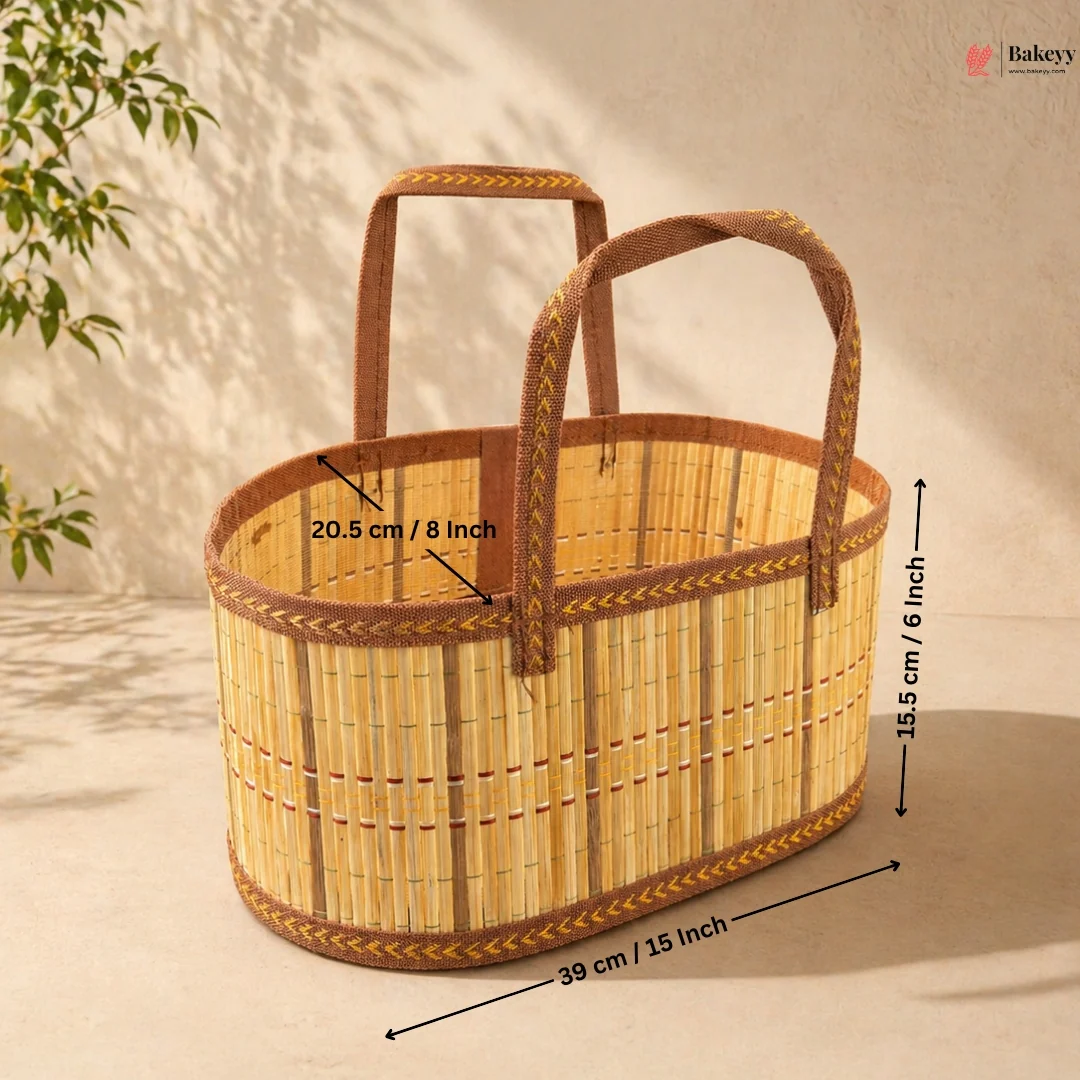 Oval Wooden Gift Basket | Brown & Beige Color | Woven Basket with Rigid Handle | 3 Sizes Available | Pack of 1 - Image 4