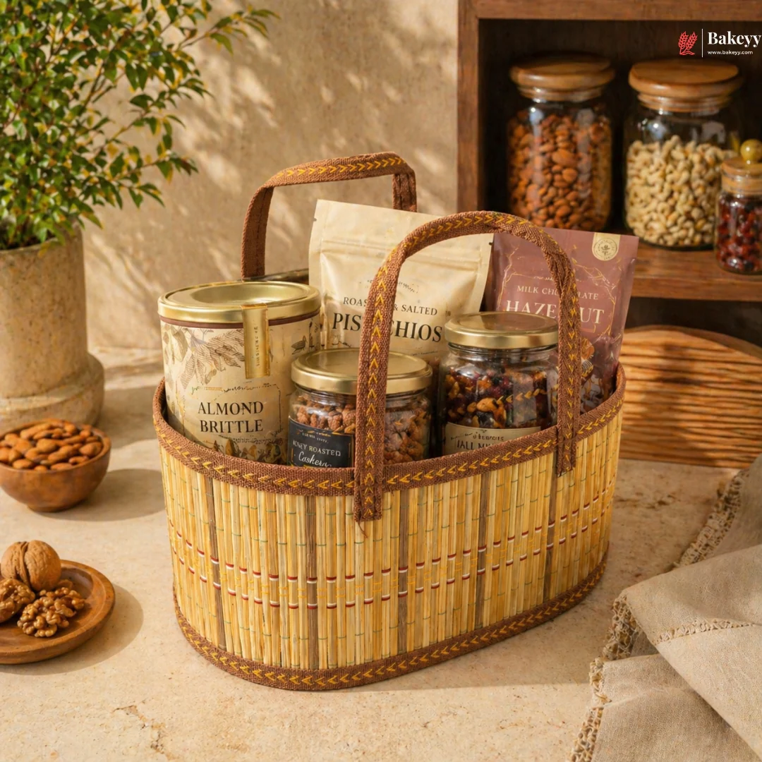 Oval Wooden Gift Basket | Brown & Beige Color | Woven Basket with Rigid Handle | 3 Sizes Available | Pack of 1 - Image 5