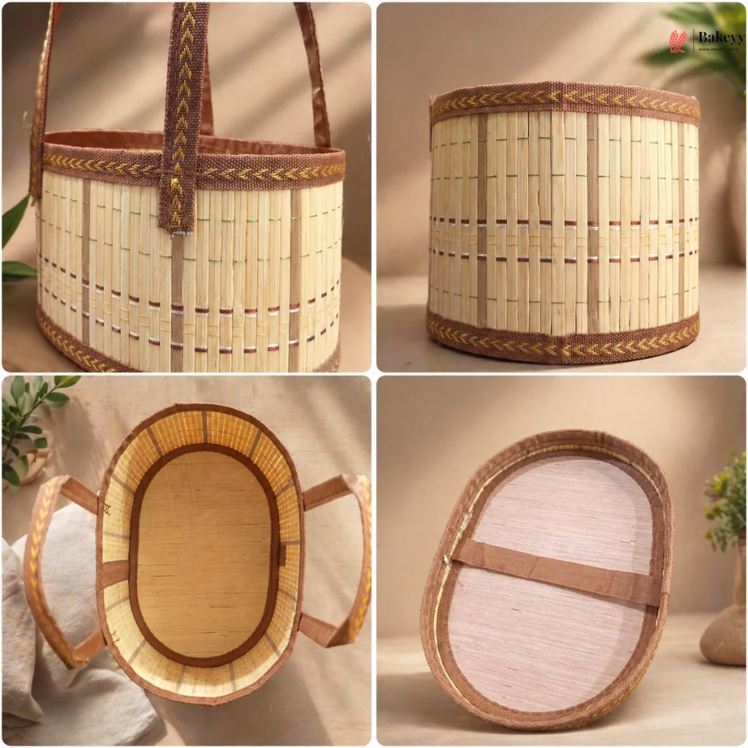 Oval Wooden Gift Basket | Brown & Beige Color | Woven Basket with Rigid Handle | 3 Sizes Available | Pack of 1 - Image 6