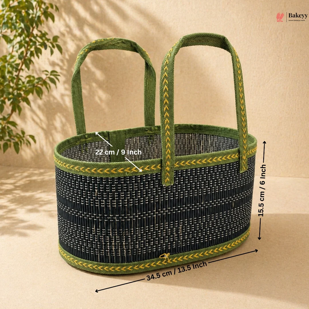Oval Wooden Gift Basket | Green Color | Woven Basket with Rigid Handle | 3 Sizes Available | Pack of 1 - Image 3