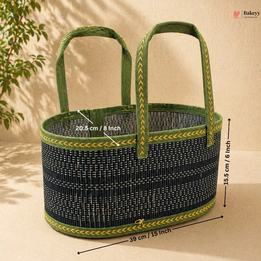Oval Wooden Gift Basket | Green Color | Woven Basket with Rigid Handle | 3 Sizes Available | Pack of 1 - Image 4