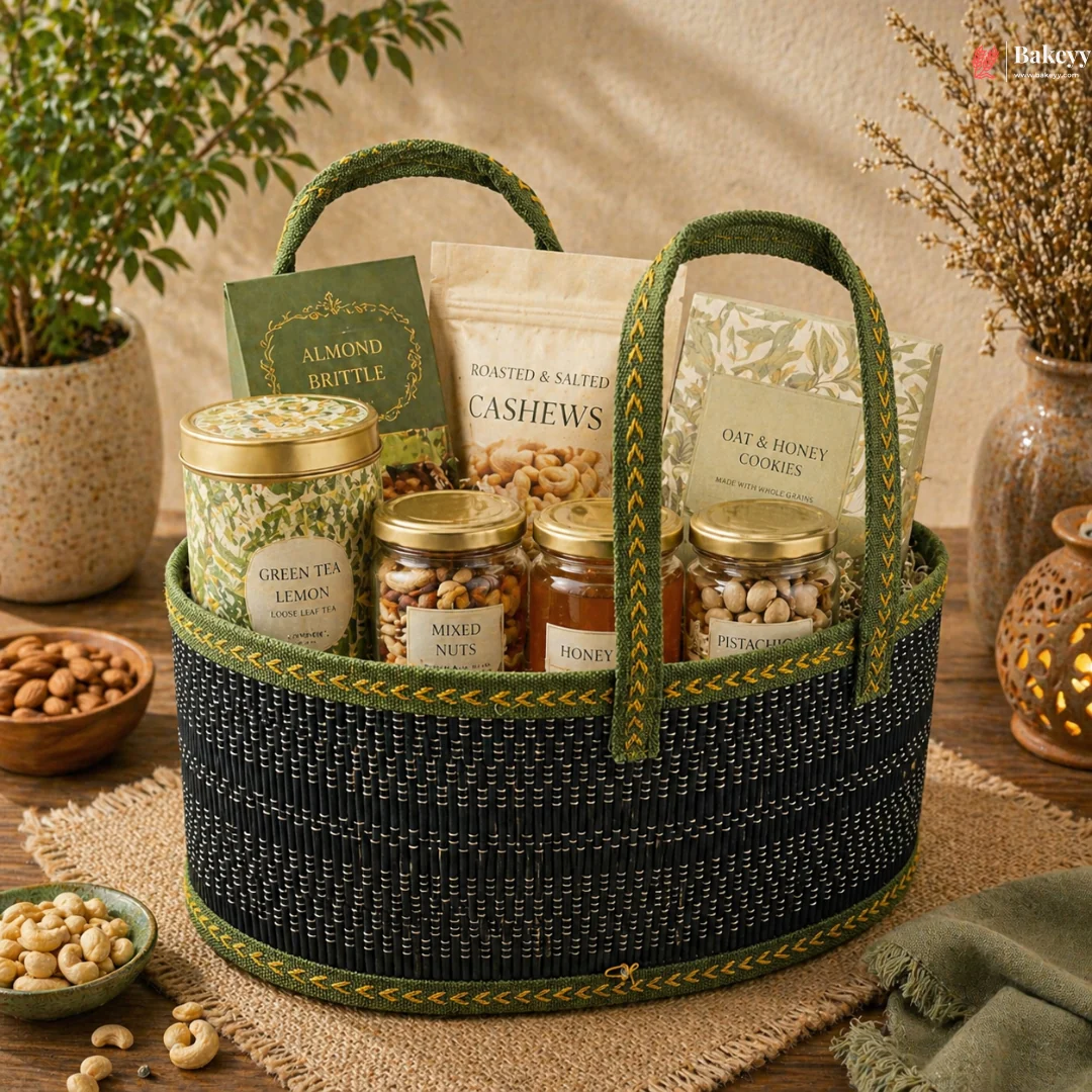 Oval Wooden Gift Basket | Green Color | Woven Basket with Rigid Handle | 3 Sizes Available | Pack of 1 - Image 5