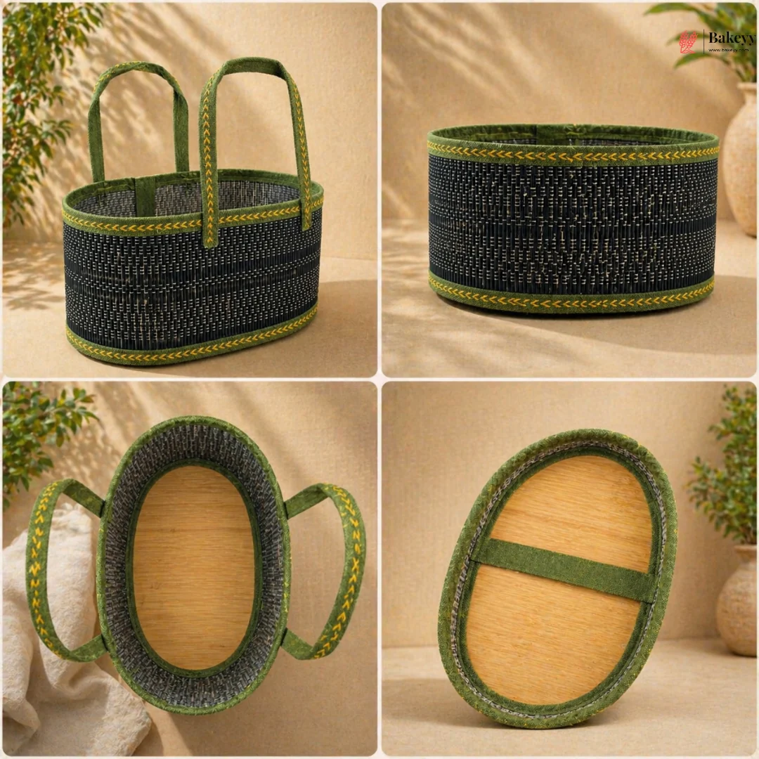Oval Wooden Gift Basket | Green Color | Woven Basket with Rigid Handle | 3 Sizes Available | Pack of 1 - Image 6