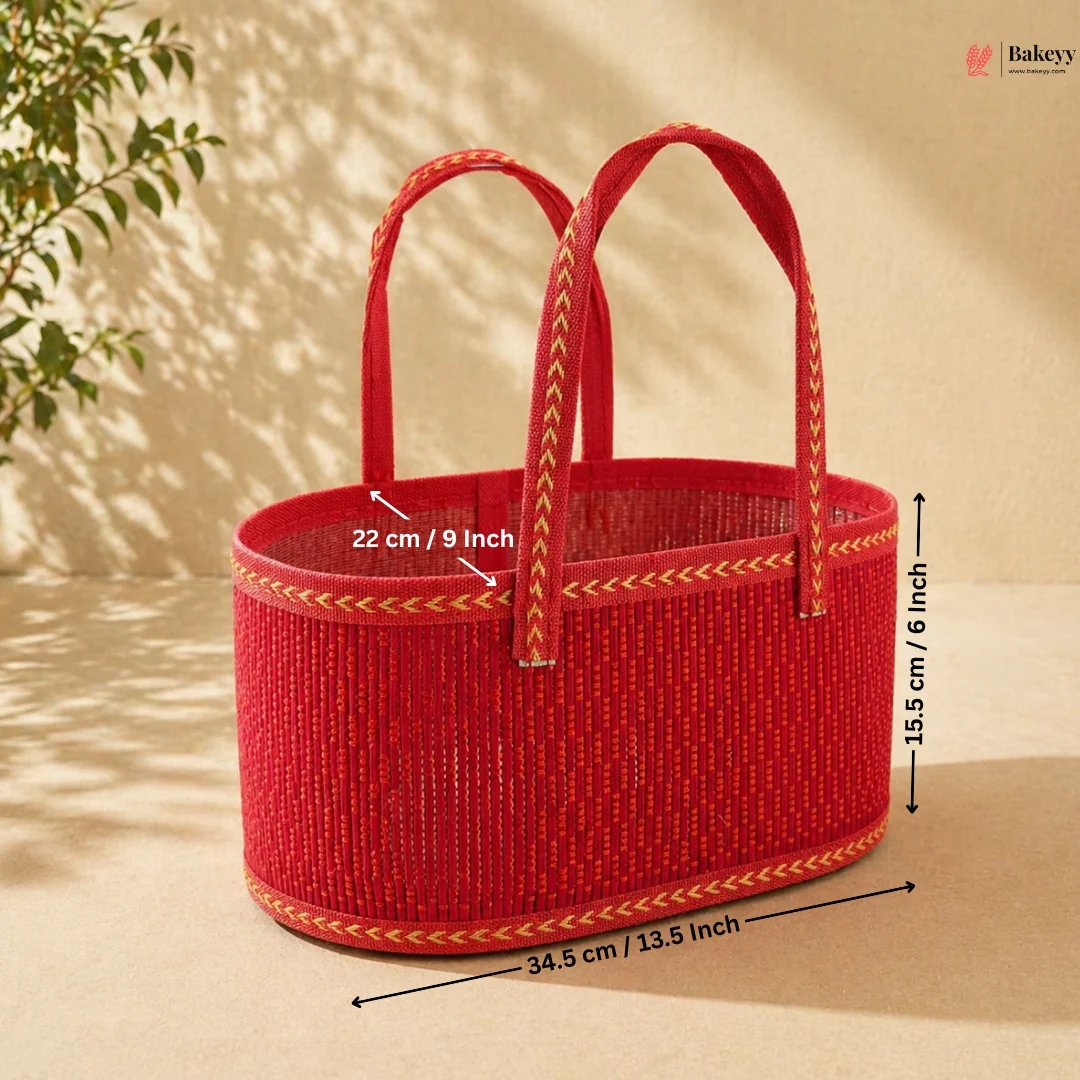 Oval Wooden Gift Basket | Red Color | Woven Basket with Rigid Handle | 3 Sizes Available | Pack of 1 - Image 3