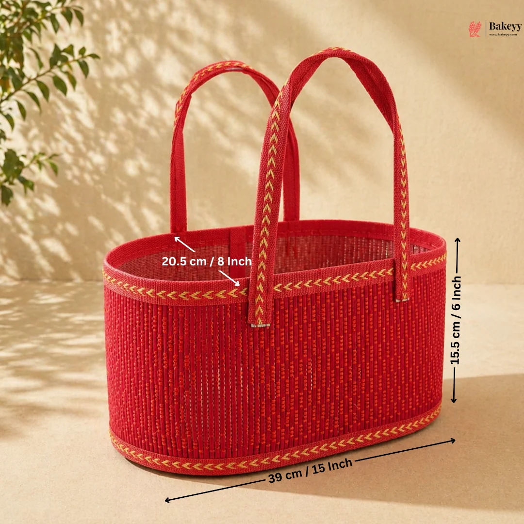 Oval Wooden Gift Basket | Red Color | Woven Basket with Rigid Handle | 3 Sizes Available | Pack of 1 - Image 4