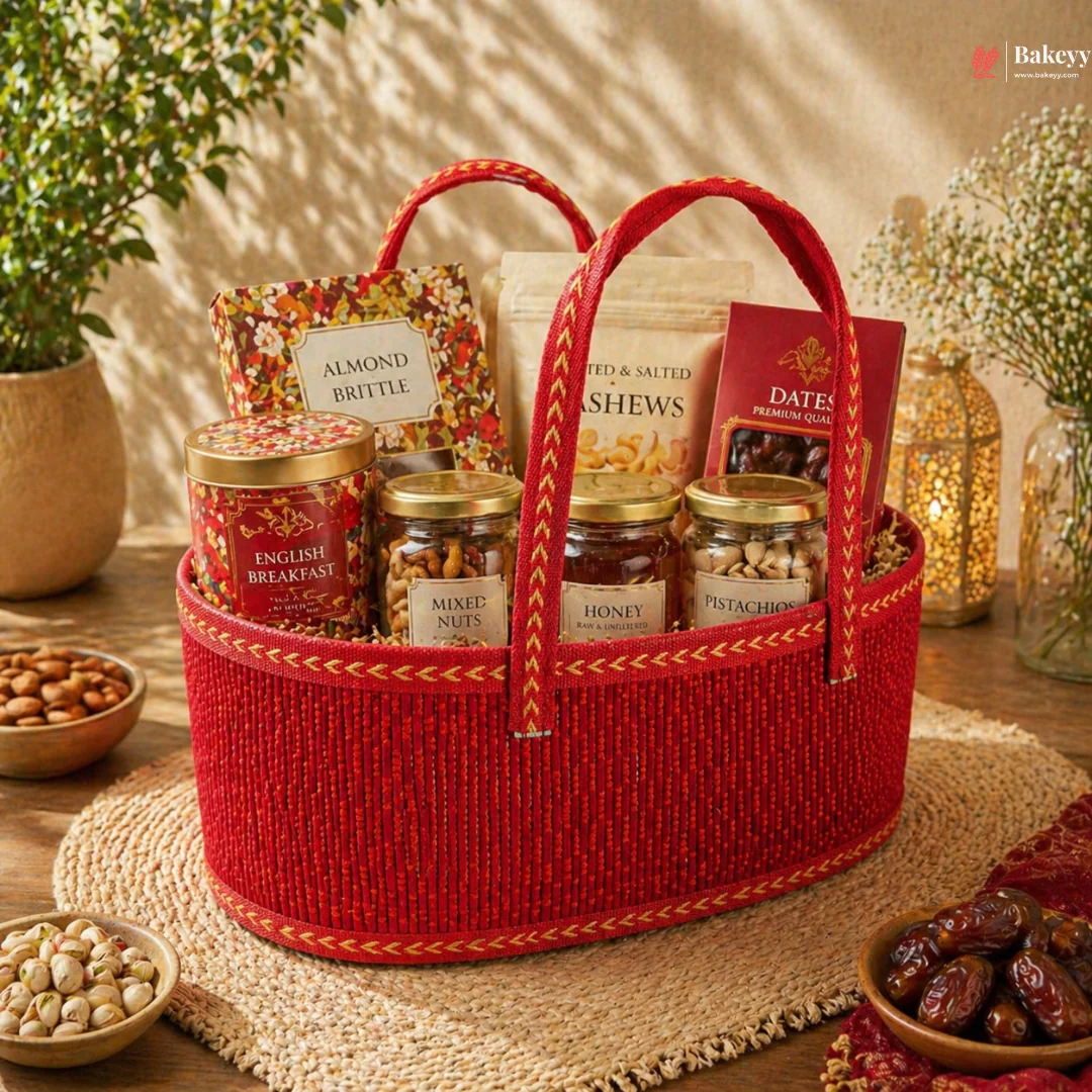 Oval Wooden Gift Basket | Red Color | Woven Basket with Rigid Handle | 3 Sizes Available | Pack of 1 - Image 5