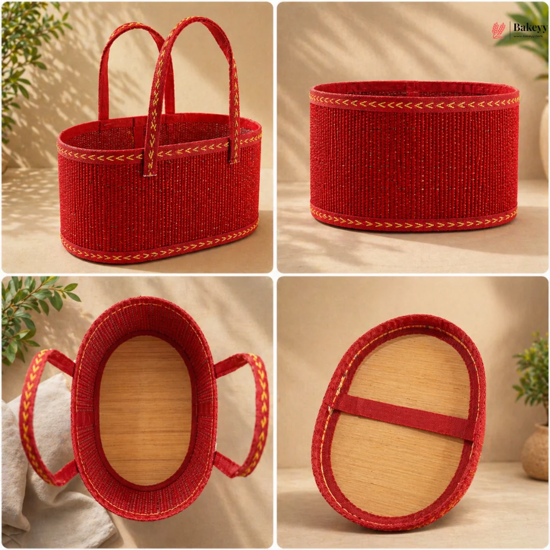 Oval Wooden Gift Basket | Red Color | Woven Basket with Rigid Handle | 3 Sizes Available | Pack of 1 - Image 6