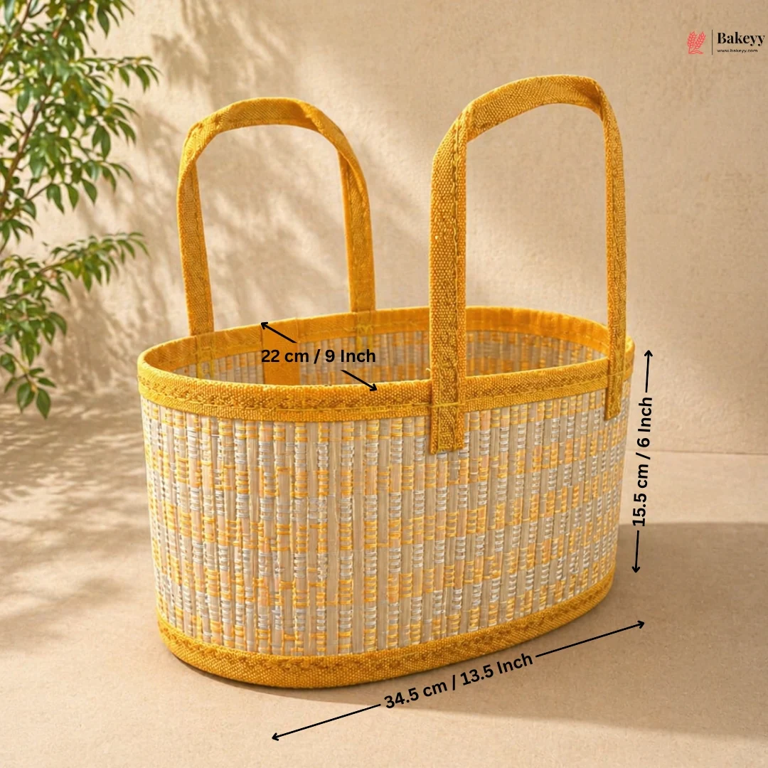 Oval Wooden Gift Basket | Yellow & Beige Color | Woven Basket with Rigid Handle | 3 Sizes Available | Pack of 1 - Image 3