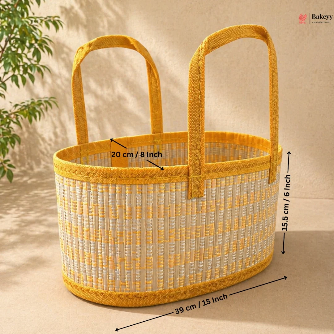 Oval Wooden Gift Basket | Yellow & Beige Color | Woven Basket with Rigid Handle | 3 Sizes Available | Pack of 1 - Image 4