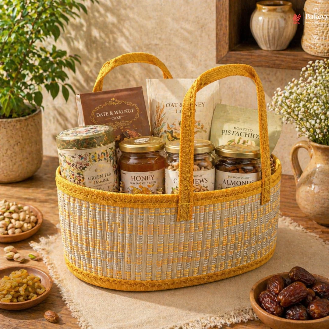 Oval Wooden Gift Basket | Yellow & Beige Color | Woven Basket with Rigid Handle | 3 Sizes Available | Pack of 1 - Image 5