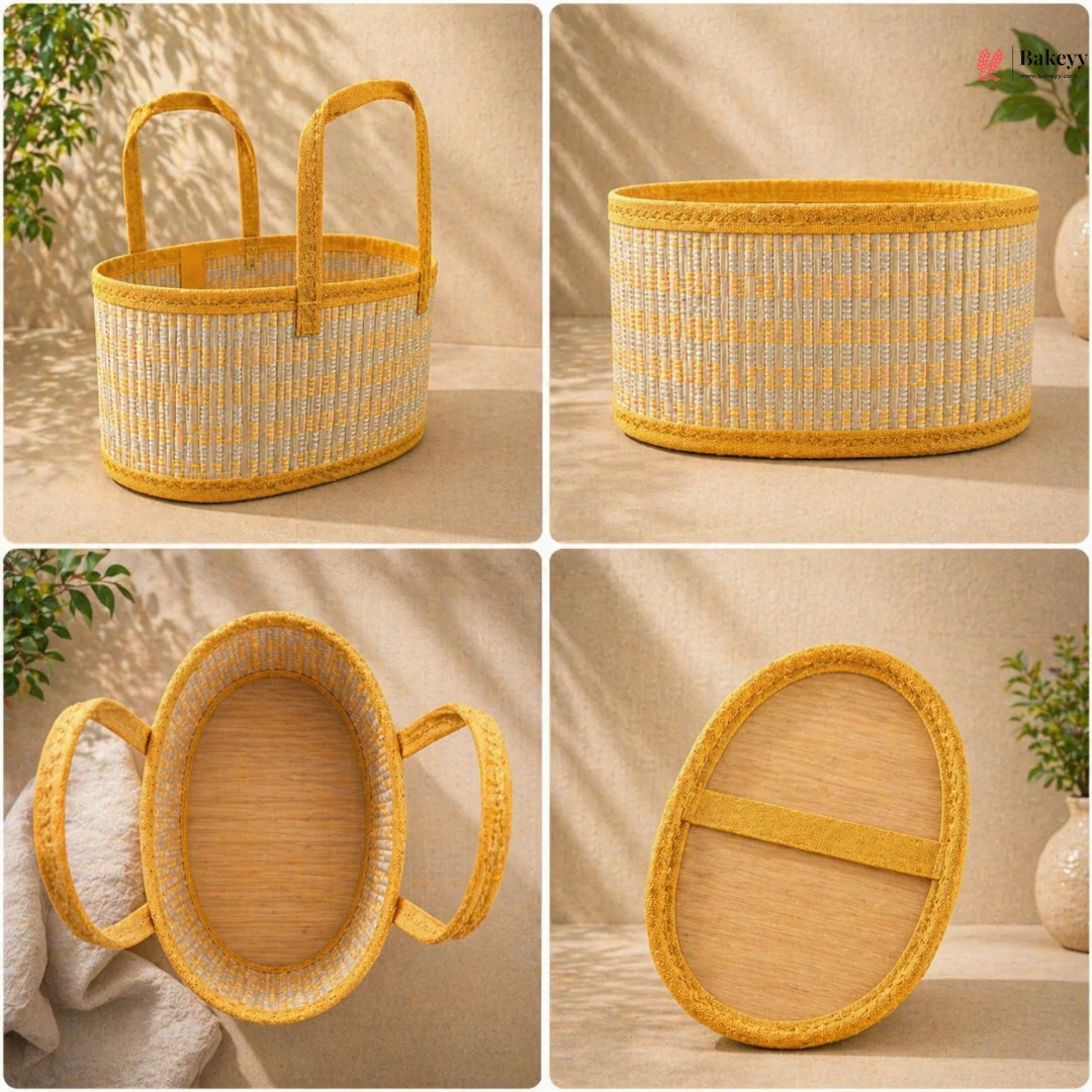 Oval Wooden Gift Basket | Yellow & Beige Color | Woven Basket with Rigid Handle | 3 Sizes Available | Pack of 1 - Image 6