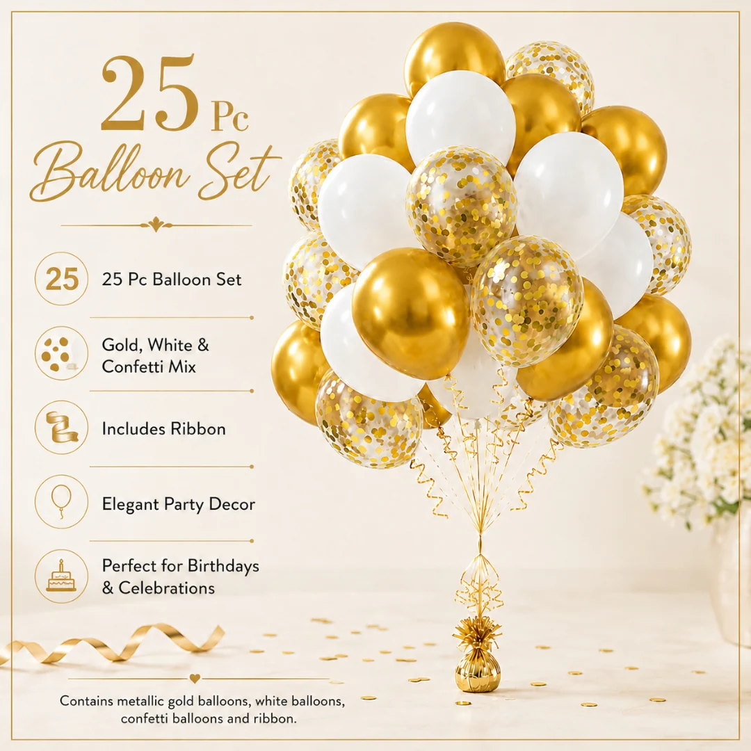 Party Decoration Balloons | Gold And White Balloons | 25pcs | Pack of 1 - Image 3