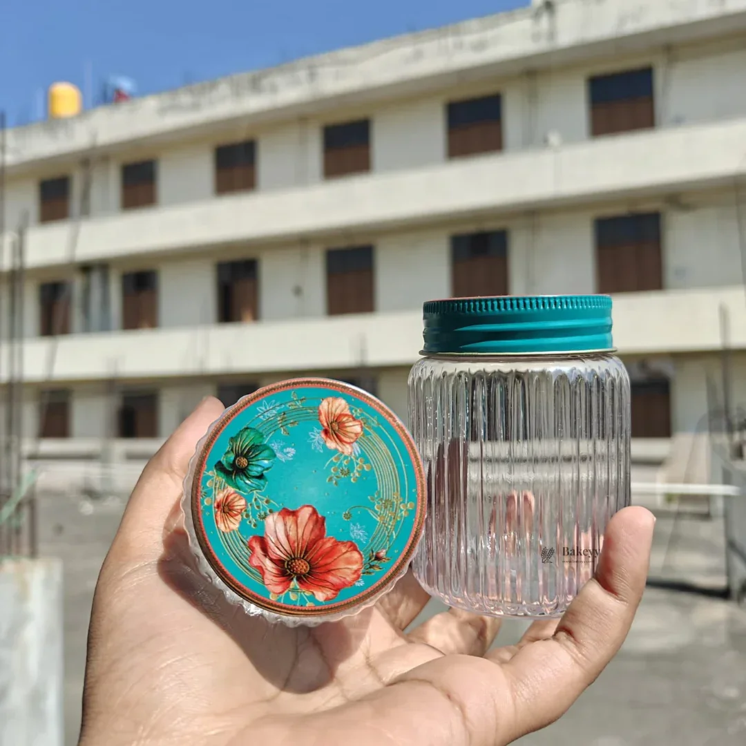 Peach & Aqua Floral Metal Tin Box with 3 Acrylic Jars | Pack of 1 - Image 3