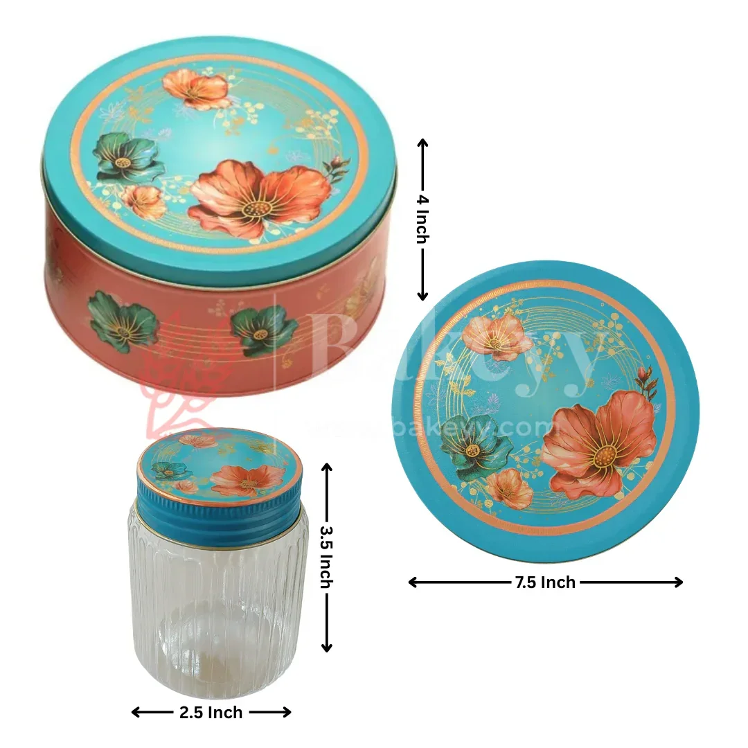 Peach & Aqua Floral Metal Tin Box with 3 Acrylic Jars | Pack of 1 - Image 4