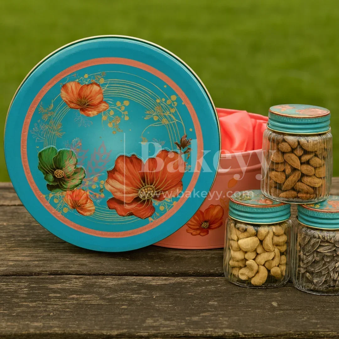 Peach & Aqua Floral Metal Tin Box with 3 Acrylic Jars | Pack of 1 - Image 5