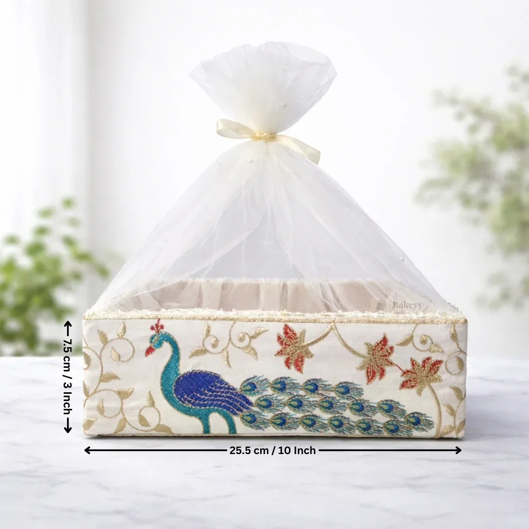Peacock Embroidered Premium Gift Box with Net | Luxury Festive & Wedding Hamper Box With Matching Ribbon | Pack of 1 - Image 5