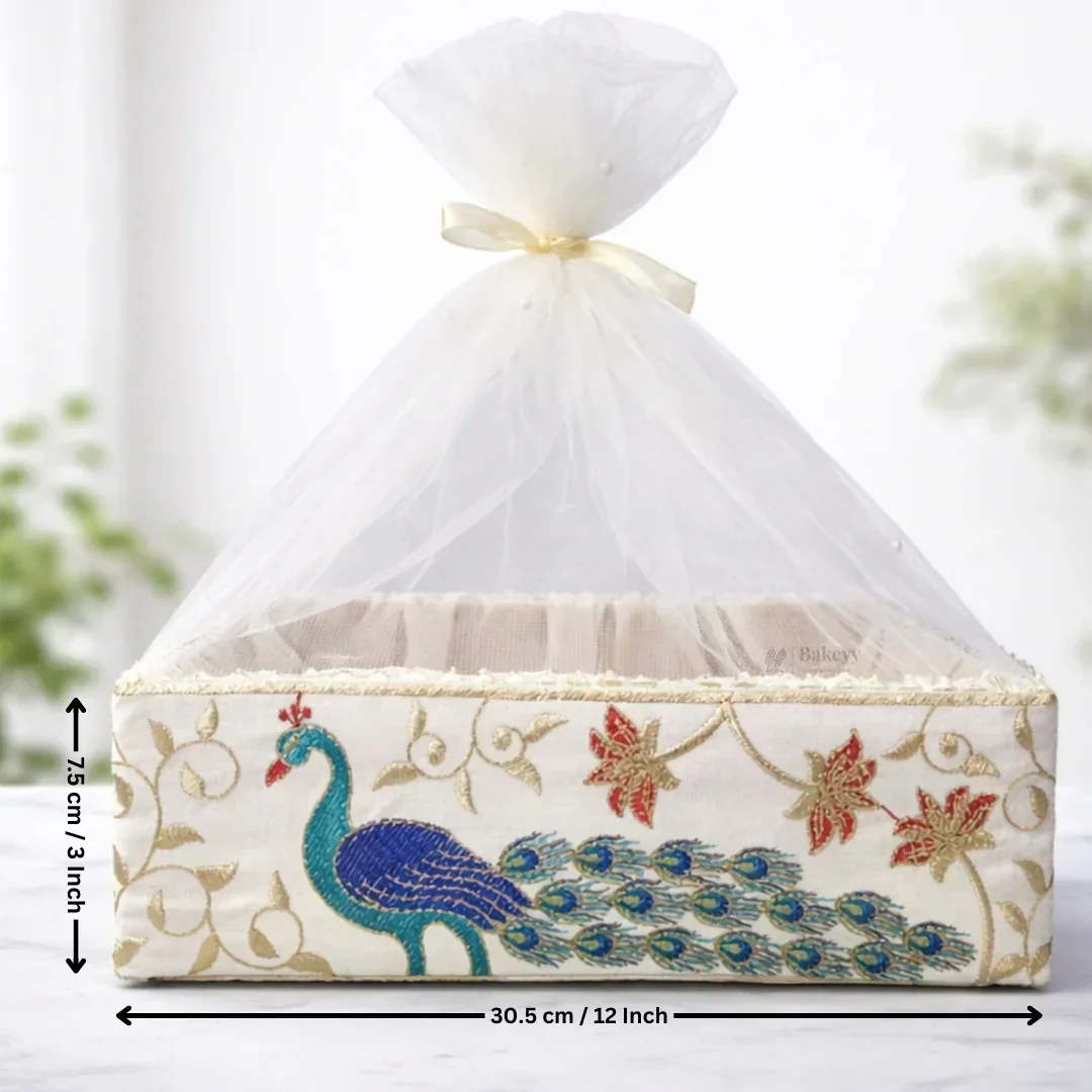 Peacock Embroidered Premium Gift Box with Net | Luxury Festive & Wedding Hamper Box With Matching Ribbon | Pack of 1 - Image 6