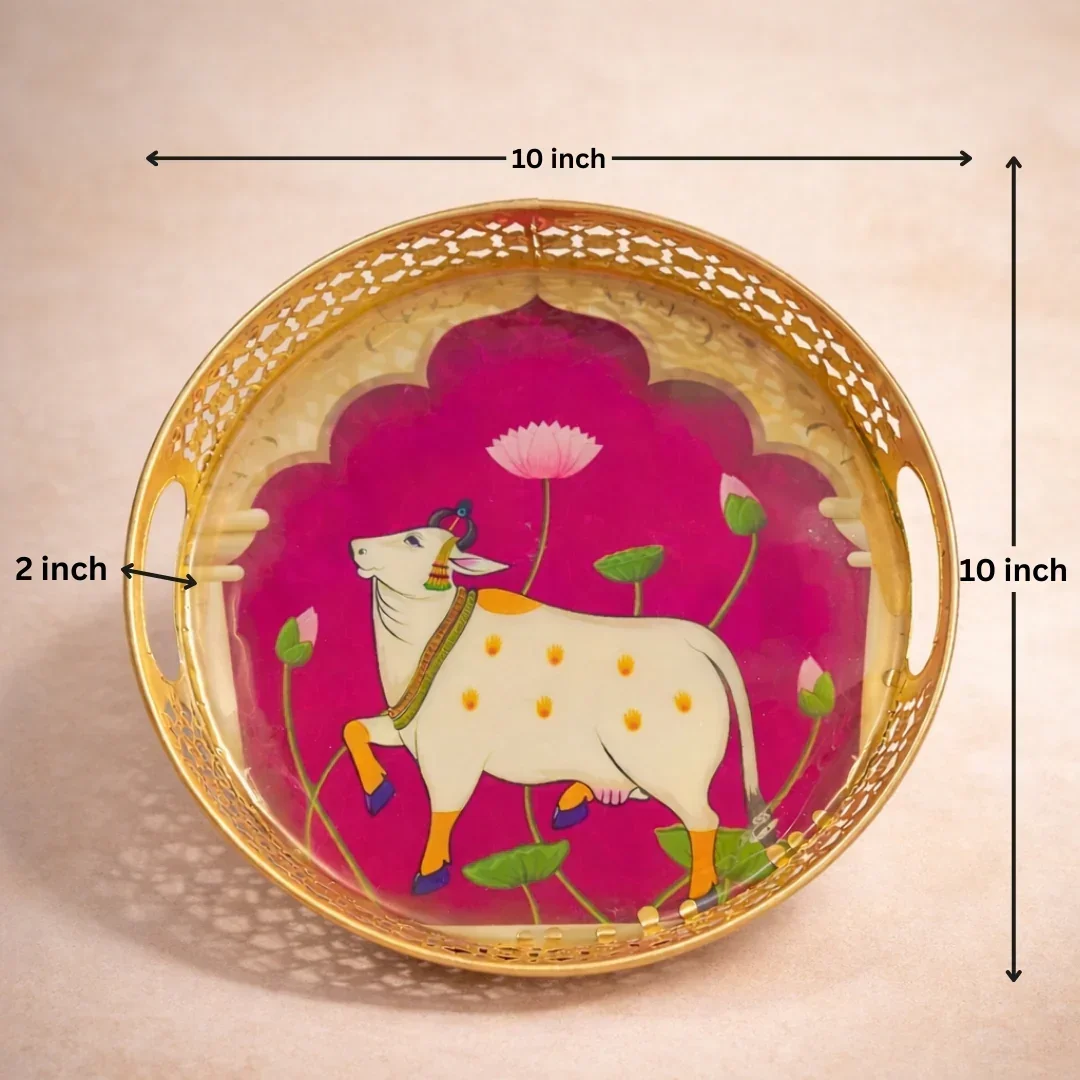 Pichwai Art Round Metal Tray with Handles | Decorative Serving & Return Gift Tray | Pack of 1 - Image 3