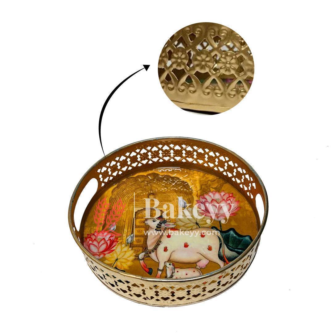 Pichwai Art Round Metal Tray with Handles | Decorative Serving & Return Gift Tray | Pack of 1 - Image 4