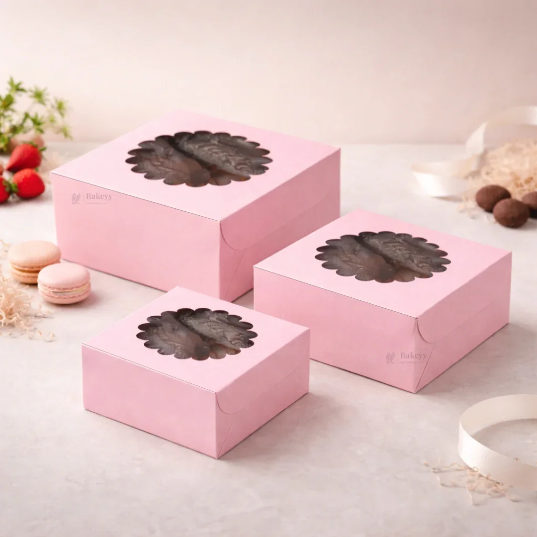 Pink Cake Box with Flower Window Top | Multiple Sizes Available | Pack of 25