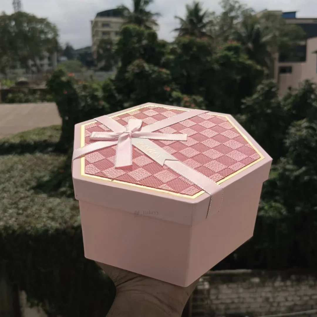 Pink Hexagon Gift Box with Ribbon | Luxury Rigid Hamper & Chocolate Packaging Box | Available in 3 Sizes | Pack of 1 - Image 2
