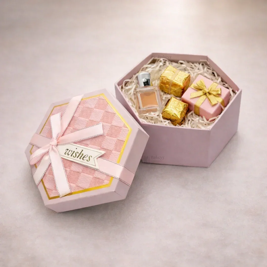 Pink Hexagon Gift Box with Ribbon | Luxury Rigid Hamper & Chocolate Packaging Box | Available in 3 Sizes | Pack of 1 - Image 3