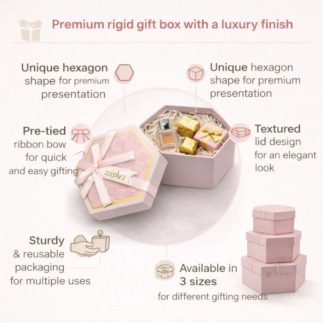 Pink Hexagon Gift Box with Ribbon | Luxury Rigid Hamper & Chocolate Packaging Box | Available in 3 Sizes | Pack of 1 - Image 7