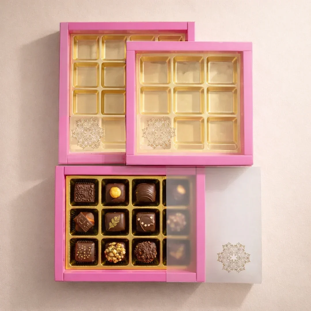 Pink Sliding Chocolate Box with Gold Cavity | Premium Gift Box for Chocolates | Pack of 10
