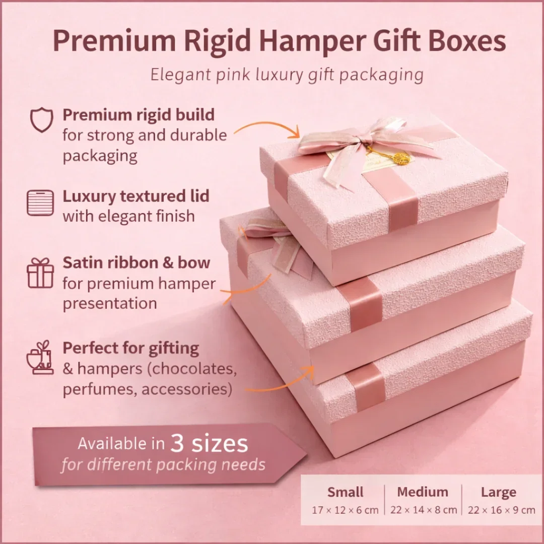 Pink Textured Luxury Gift Box | Premium Rigid Hamper Gift Box with Lid & Ribbon | 3 Sizes Available | Pack of 1 - Image 6