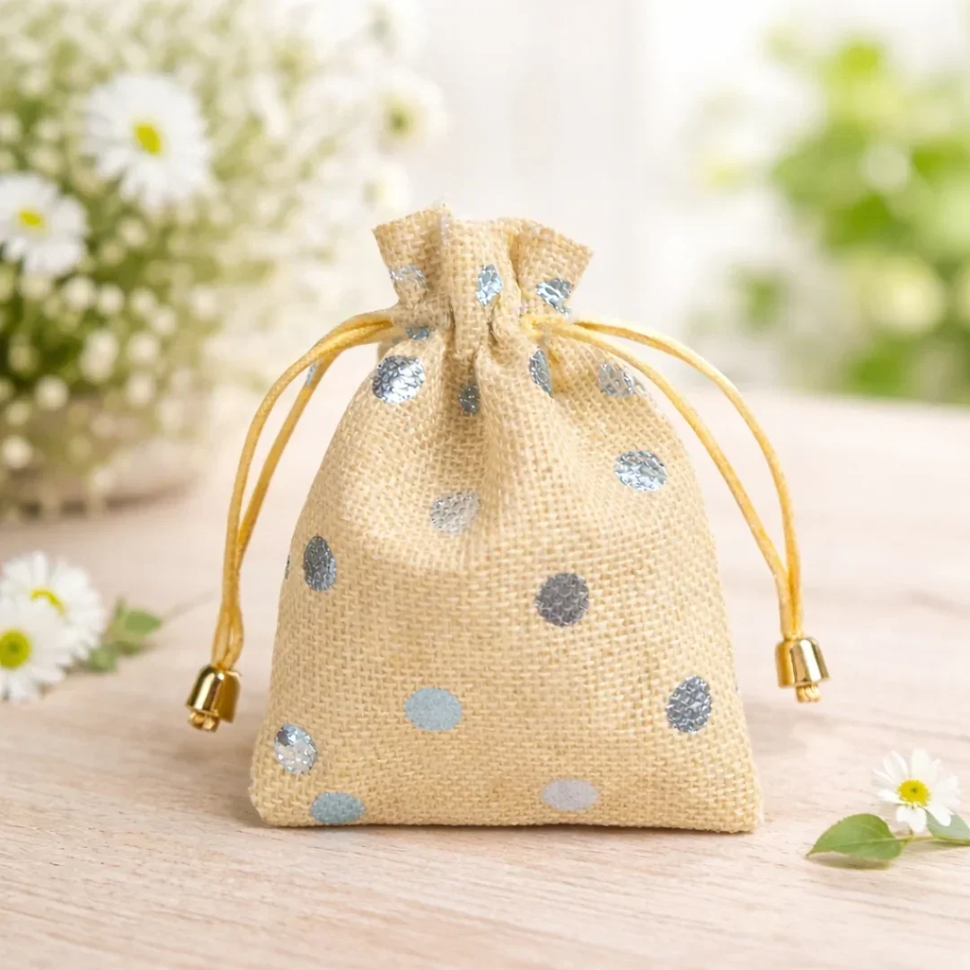 Polka Dot Jute Potli Bags with Golden Drawstring | Reusable Gift Pouches (Multiple Sizes) | Pack of 10