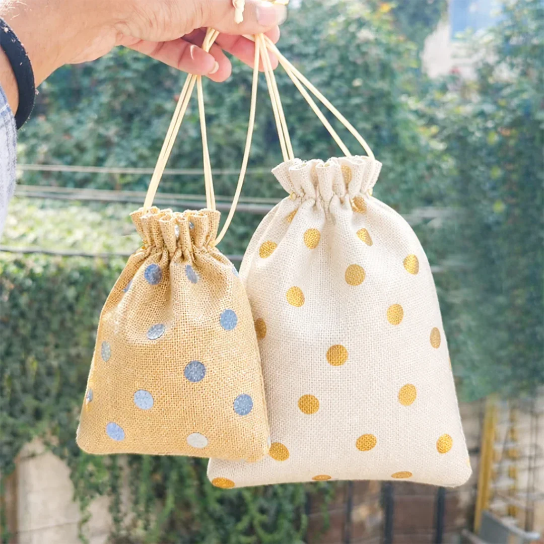 Polka Dot Jute Potli Bags with Golden Drawstring | Reusable Gift Pouches (Multiple Sizes) | Pack of 10 - Image 2