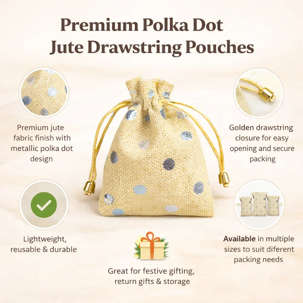 Polka Dot Jute Potli Bags with Golden Drawstring | Reusable Gift Pouches (Multiple Sizes) | Pack of 10 - Image 3