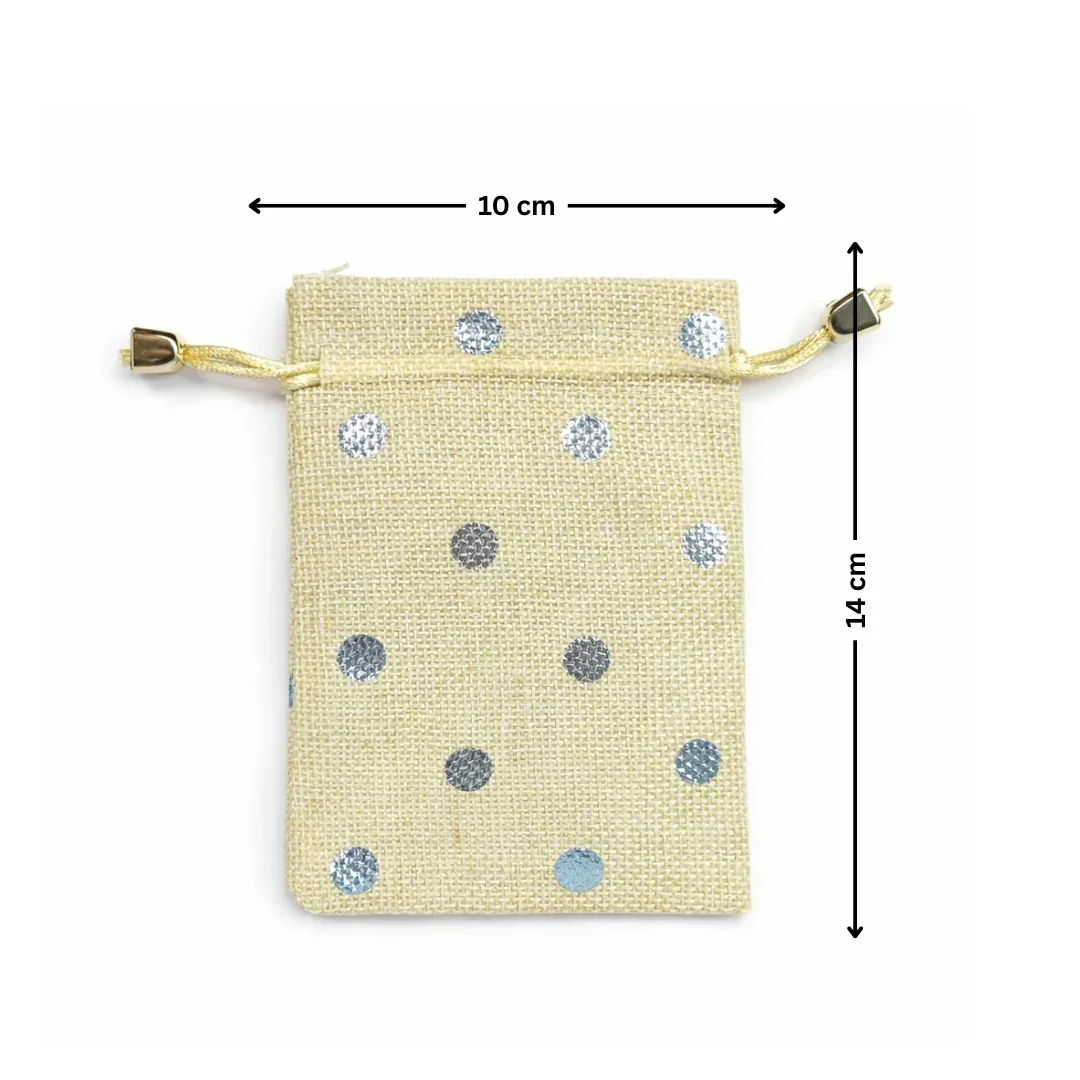 Polka Dot Jute Potli Bags with Golden Drawstring | Reusable Gift Pouches (Multiple Sizes) | Pack of 10 - Image 4