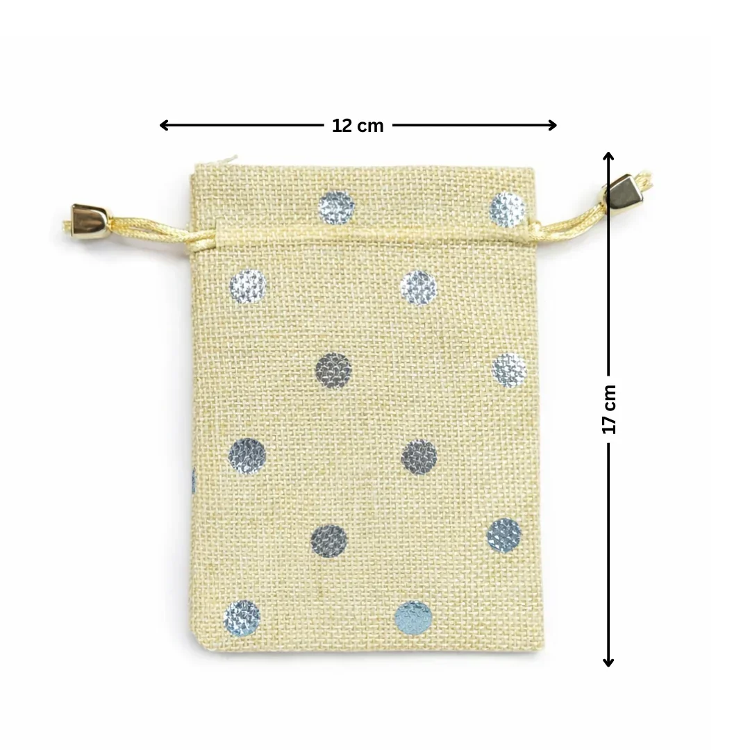 Polka Dot Jute Potli Bags with Golden Drawstring | Reusable Gift Pouches (Multiple Sizes) | Pack of 10 - Image 5