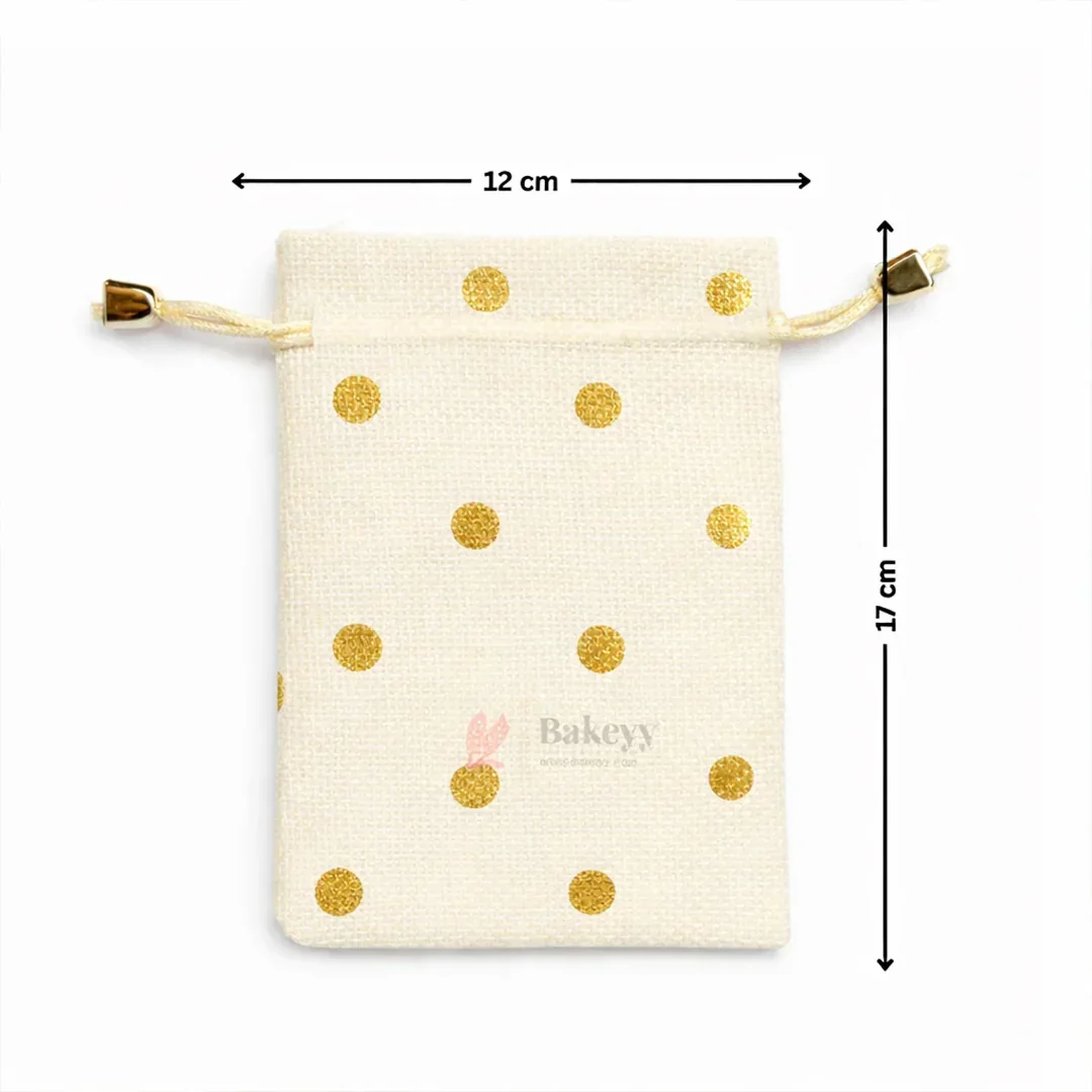 Polka Dot Jute Potli Bags with Golden Drawstring | Reusable Gift Pouches (Multiple Sizes) | Pack of 10 - Image 6