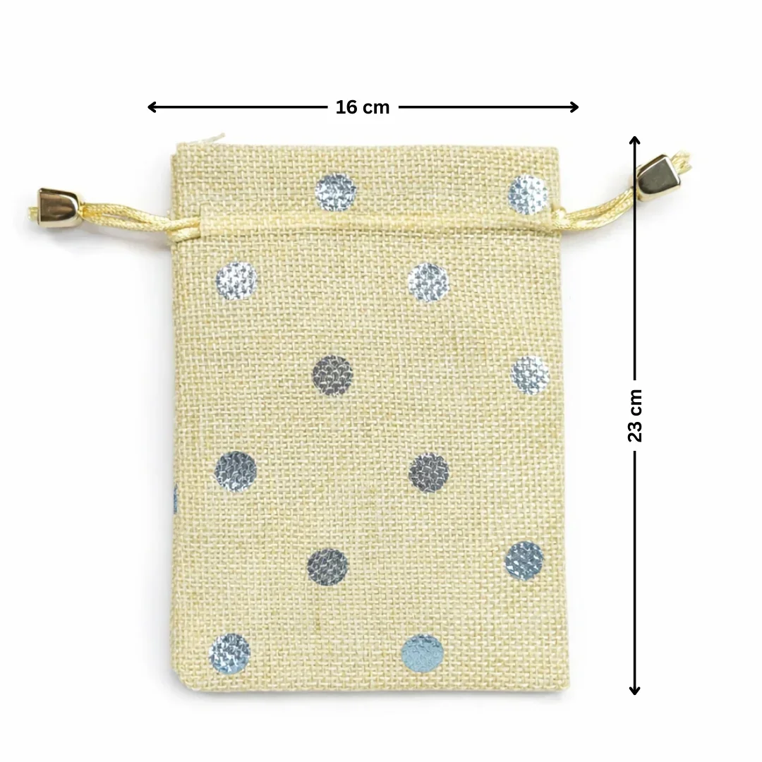 Polka Dot Jute Potli Bags with Golden Drawstring | Reusable Gift Pouches (Multiple Sizes) | Pack of 10 - Image 7