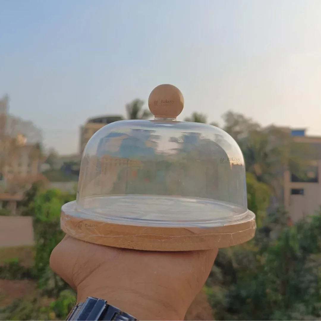 Premium Acrylic Cake Dome with Wooden Base | Dessert Display Cover | 2 Sizes Available | Pack of 1 - Image 3