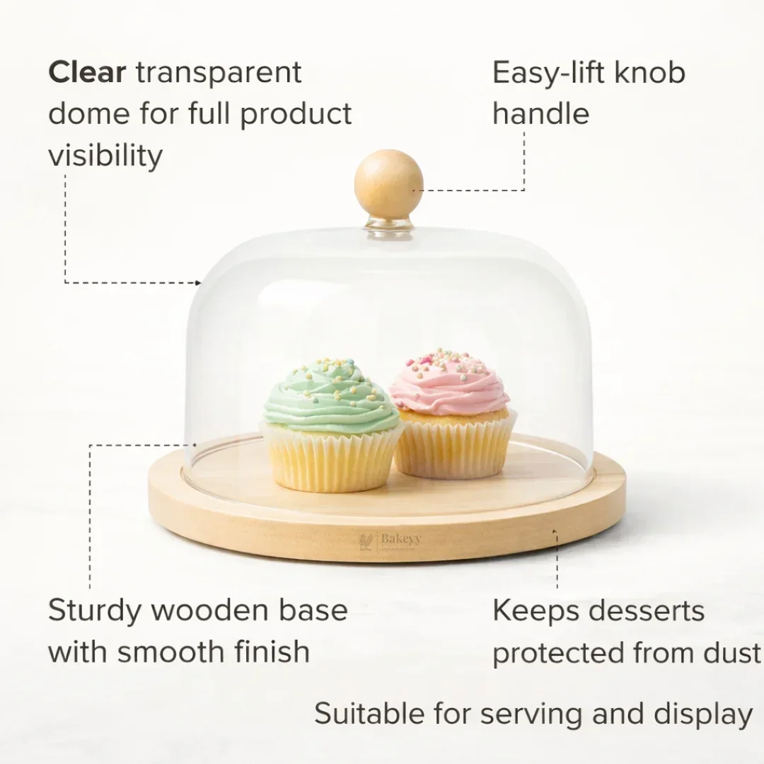 Premium Acrylic Cake Dome with Wooden Base | Dessert Display Cover | 2 Sizes Available | Pack of 1 - Image 7