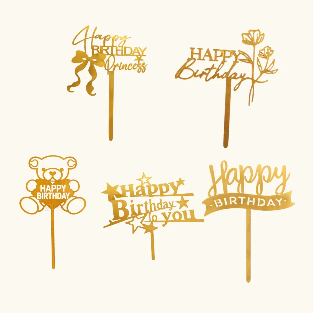 Premium Acrylic Happy Birthday Cake Toppers | Princess, Floral & Character Designs | Pack of 5