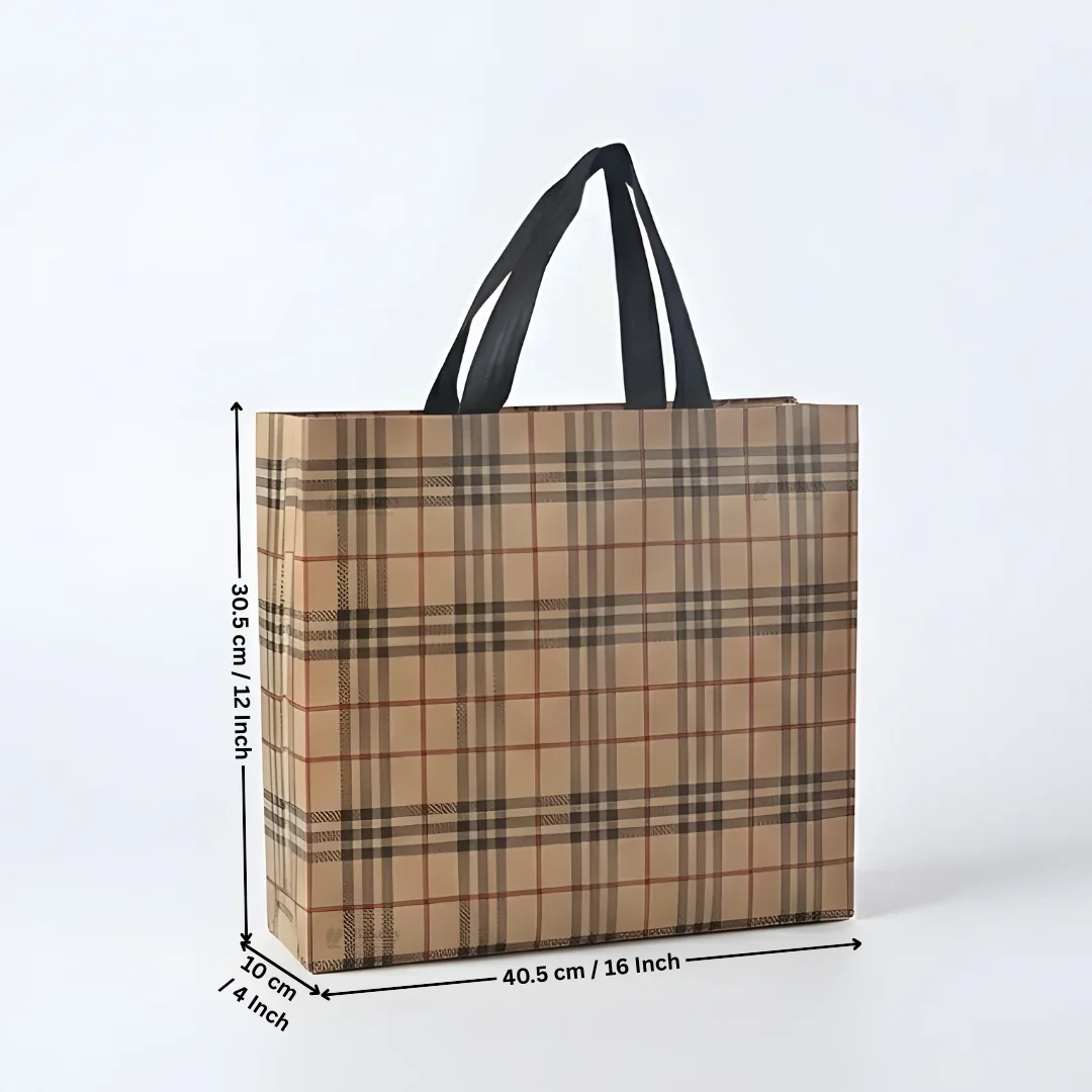 Premium Checkered Laminated Carry Bags | Beige & Tan Plaid 2 Design Design Option | 3 Size Options | Pack of 50 - Image 10