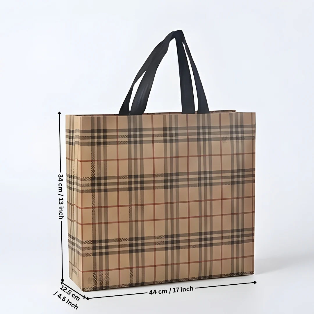 Premium Checkered Laminated Carry Bags | Beige & Tan Plaid 2 Design Design Option | 3 Size Options | Pack of 50 - Image 11