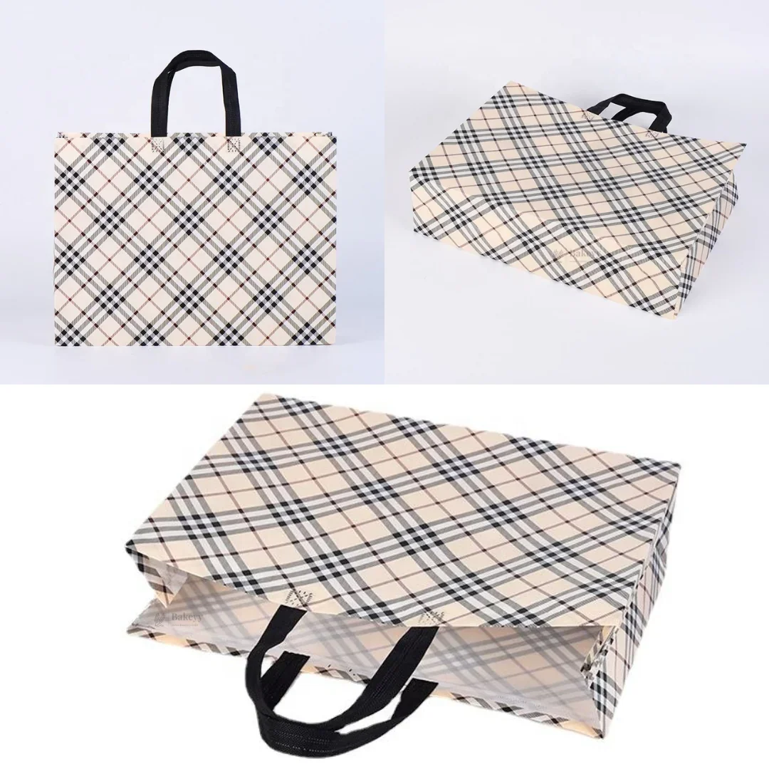 Premium Checkered Laminated Carry Bags | Beige & Tan Plaid 2 Design Design Option | 3 Size Options | Pack of 50 - Image 3