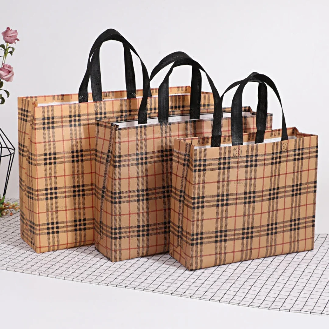 Premium Checkered Laminated Carry Bags | Beige & Tan Plaid 2 Design Design Option | 3 Size Options | Pack of 50 - Image 4