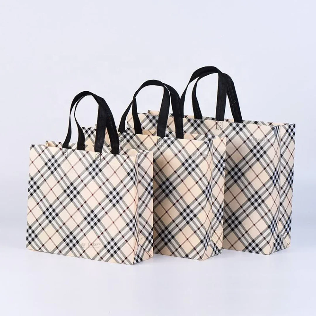 Premium Checkered Laminated Carry Bags | Beige & Tan Plaid 2 Design Design Option | 3 Size Options | Pack of 50 - Image 5