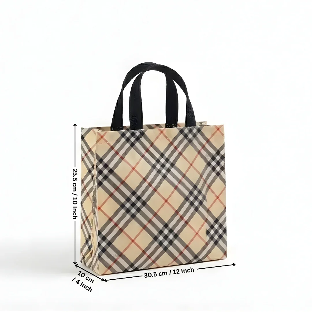 Premium Checkered Laminated Carry Bags | Beige & Tan Plaid 2 Design Design Option | 3 Size Options | Pack of 50 - Image 6