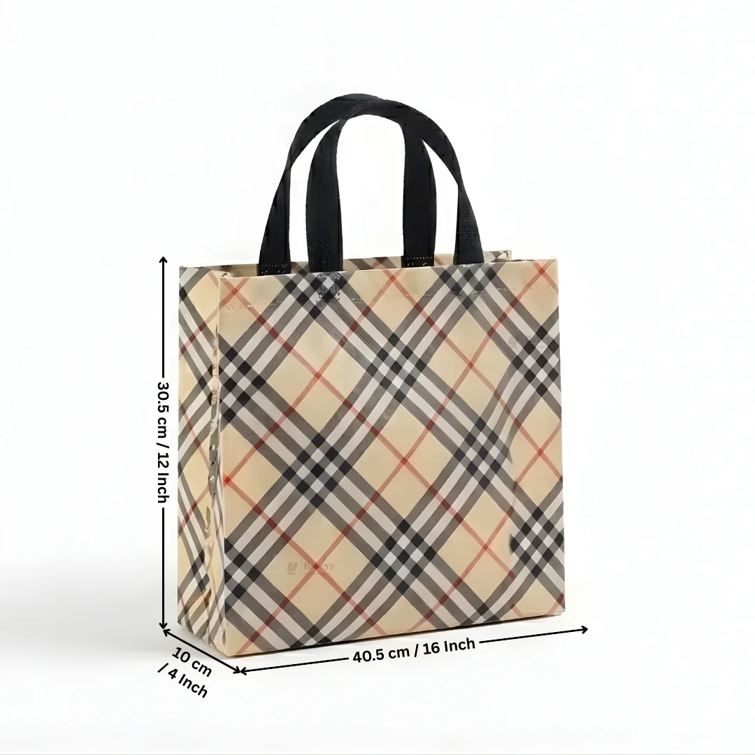 Premium Checkered Laminated Carry Bags | Beige & Tan Plaid 2 Design Design Option | 3 Size Options | Pack of 50 - Image 7